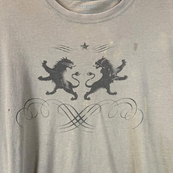VTG EXPRESS T-Shirt Mens Sz XL Army Green Graphic Lion SS Thrashed Baggy Y2K 90s - Picture 4 of 11